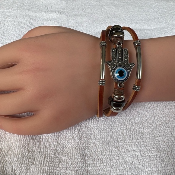 Hamsa Unisex Evil Eye Leather Wrap Bracelet - Stainless Steel Clasp - Picture 9 of 9